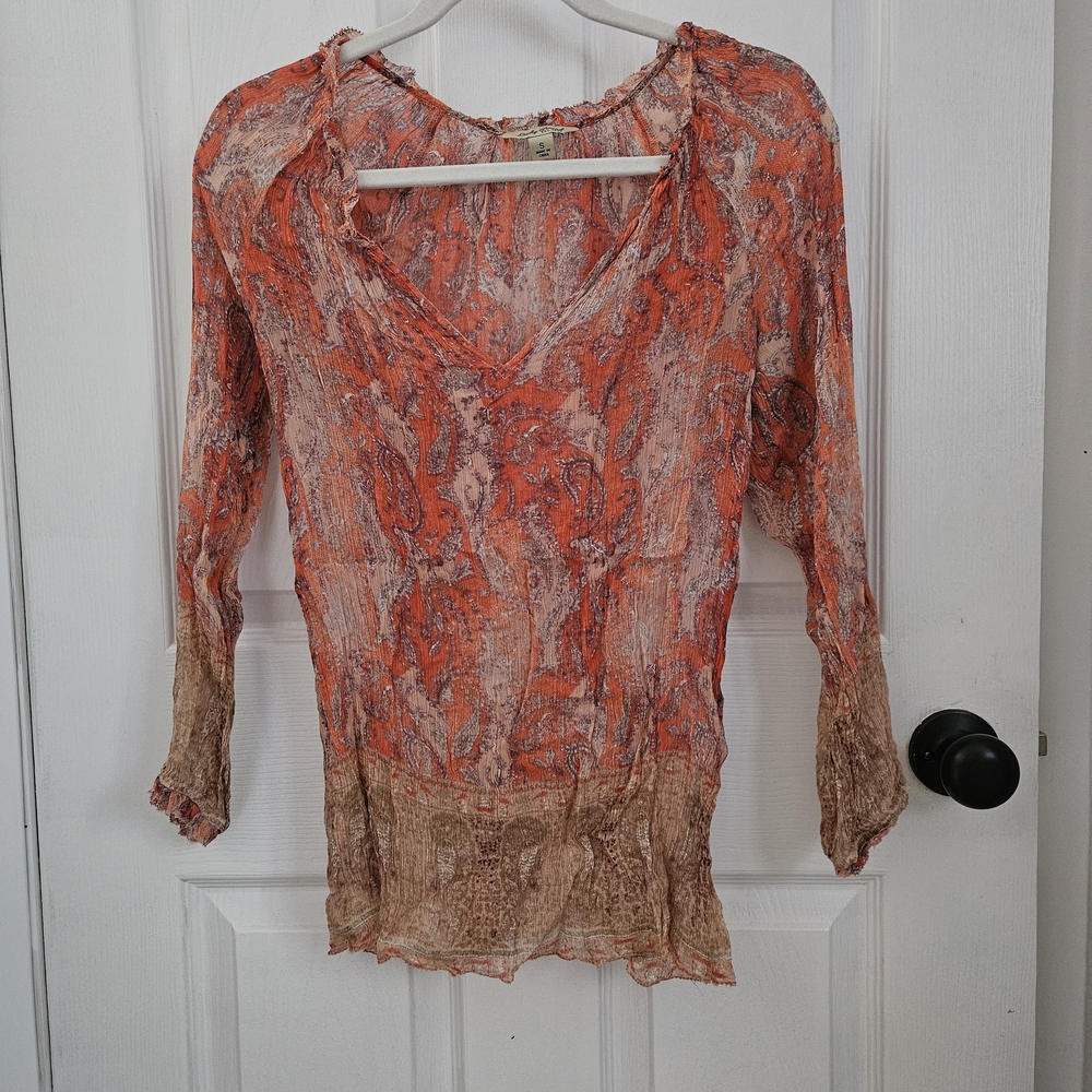 Lucky Brand Orange and Brown Sheer V-Neck Blouse